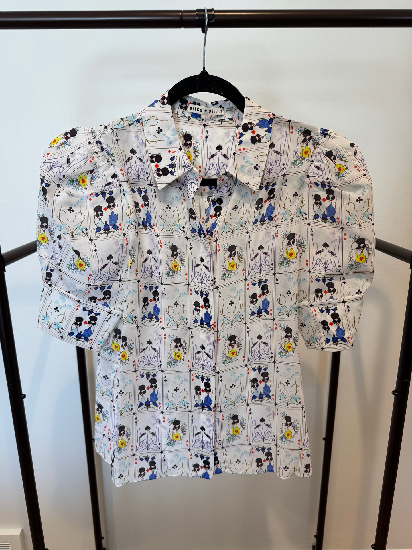 Alice and Olivia Willa Printed Silk Puff Sleeve Top size S