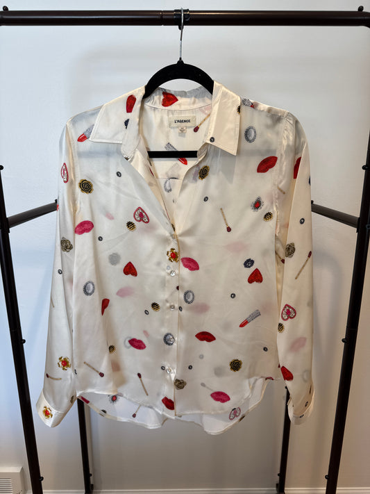L'Agence Tyler Silk Champagne Heart Jewel Blouse size XS