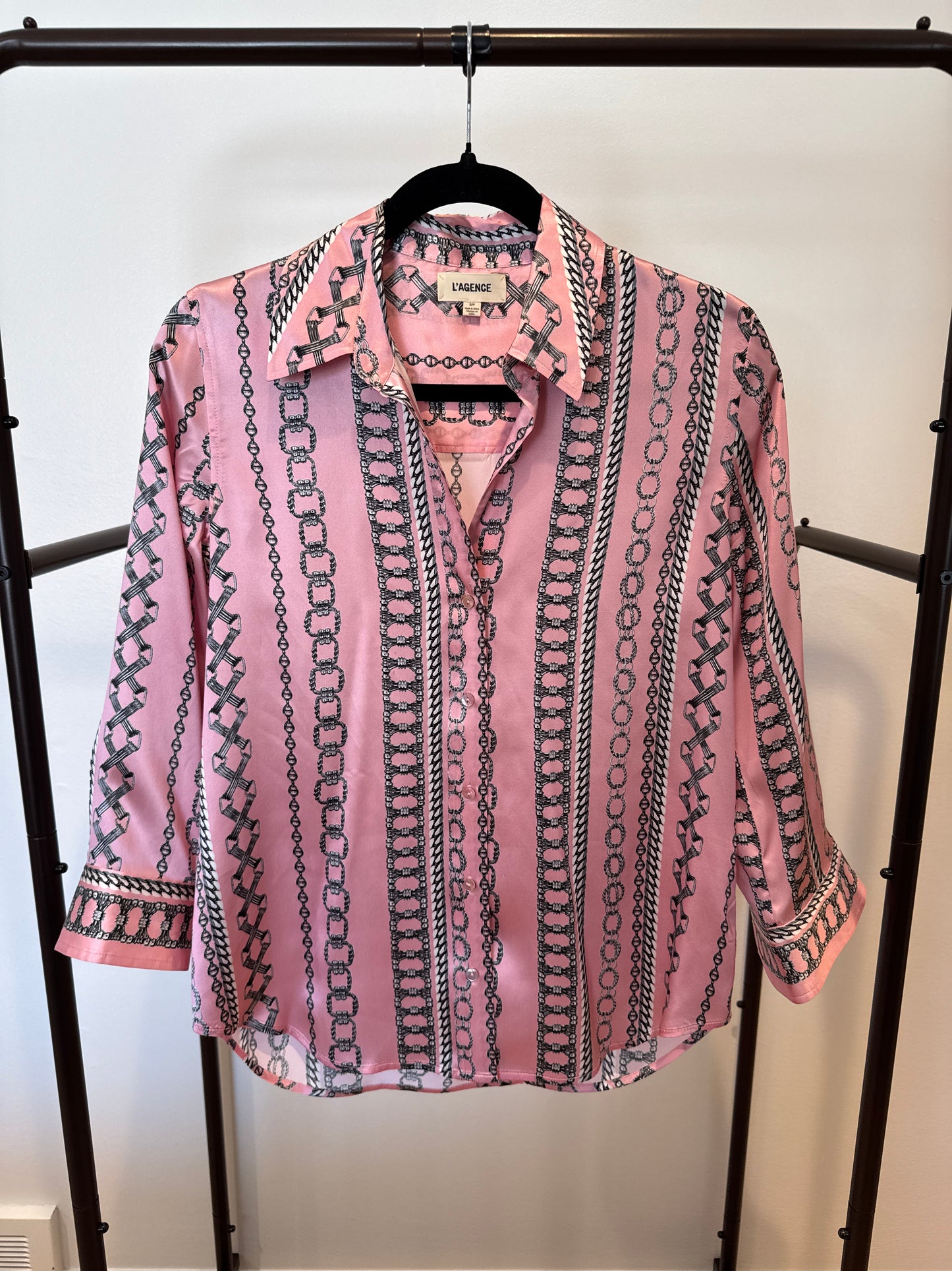 L'Agence Dani Chain-Print Button-Front Silk Blouse size S