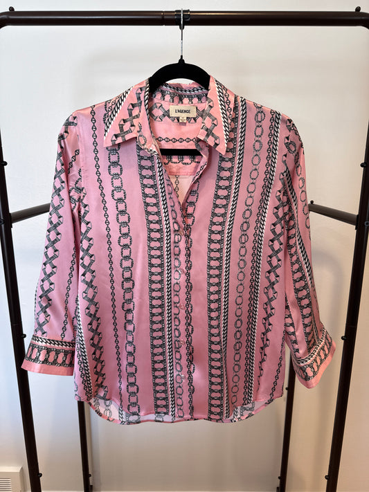 L'Agence Dani Chain-Print Button-Front Silk Blouse size S