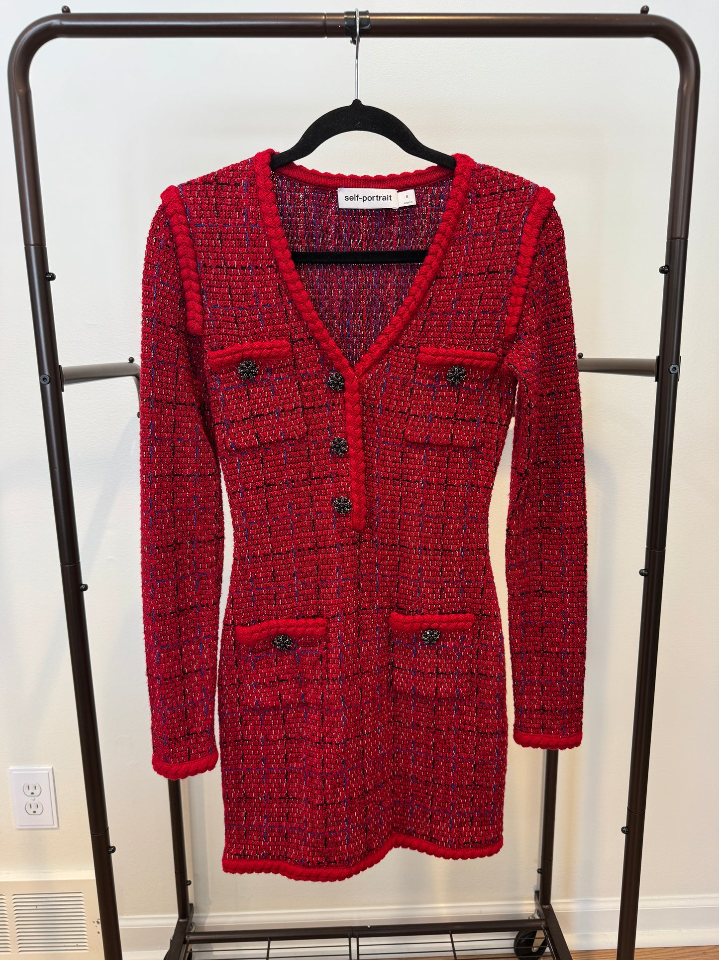 Self Portrait Checked Knitted Mini Dress In Cherry Red size S