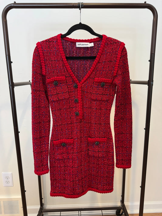 Self Portrait Checked Knitted Mini Dress In Cherry Red size S
