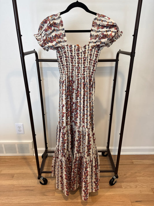 Tory Burch Smocked Floral-Print Midi Dress size S