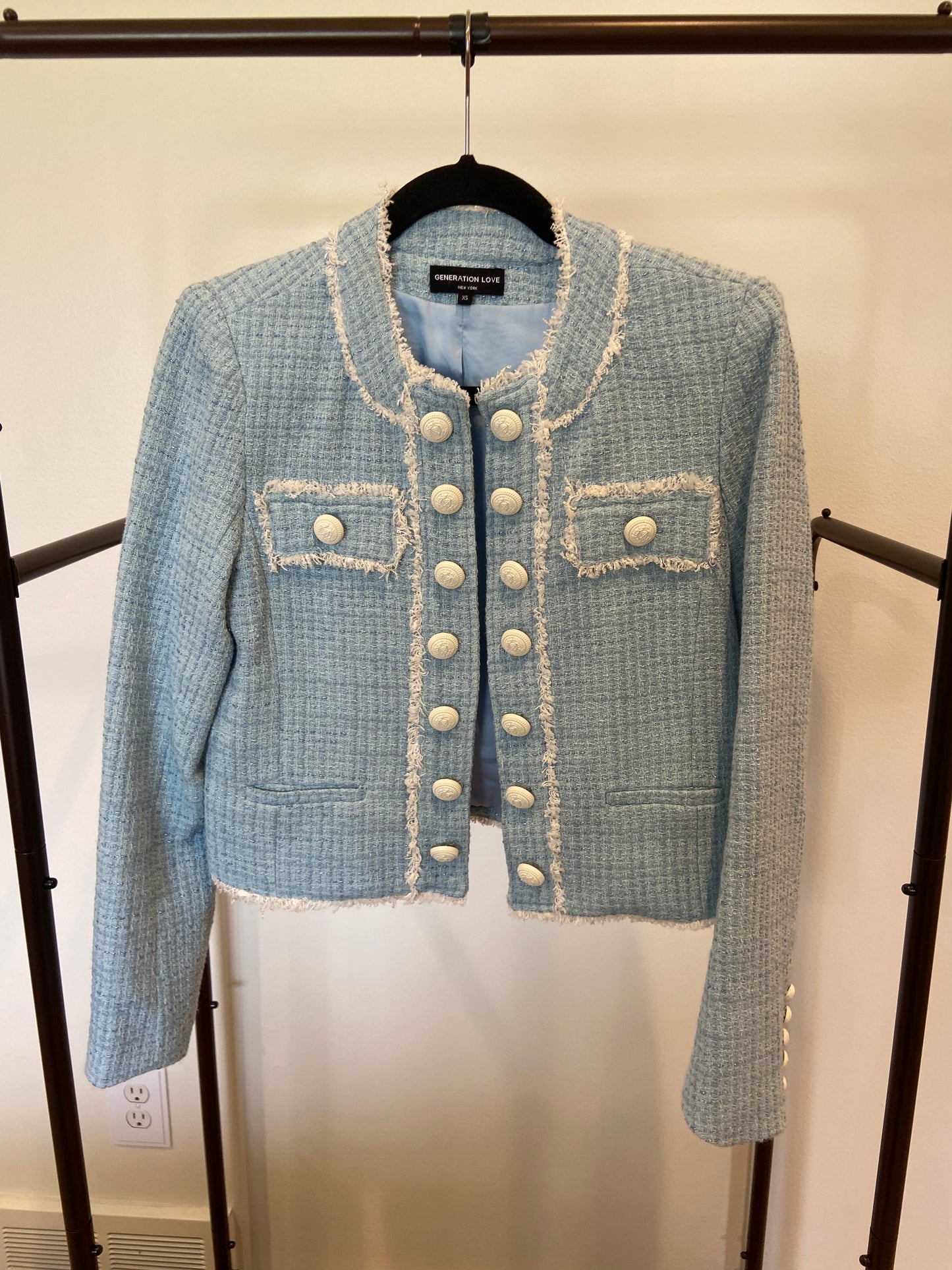 Generation Love Killian Tweed Jacket in French Blue & Cream size XS