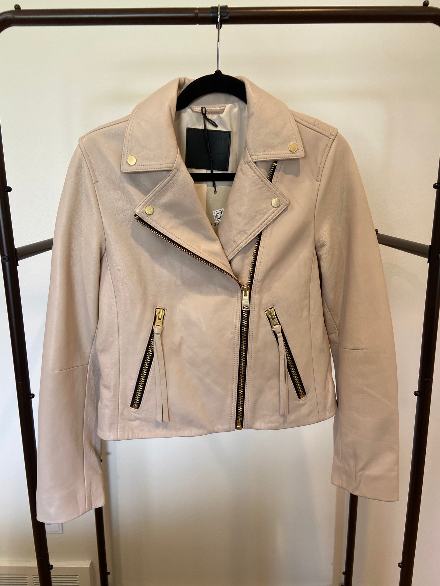 All Saints Dalby Biker Leather Jacket Ivory White size 6