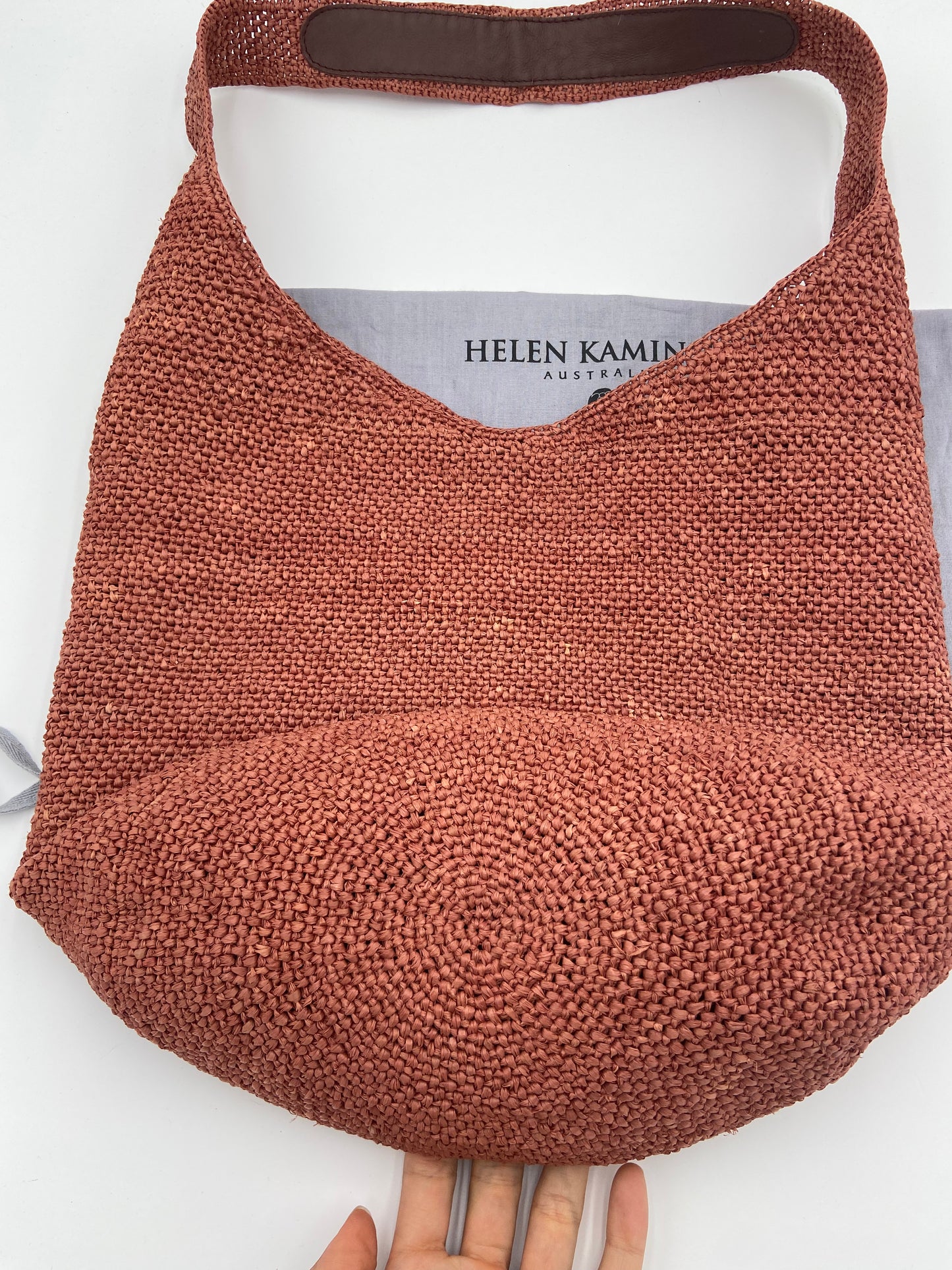 Helen Kaminski Carillo Woven Raffia Sac Bucket Bag in Burgundy