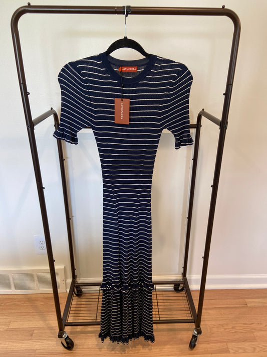 Altuzarra Navy Blue Delpini Stripe Ruffle Trim Midi Dress size S