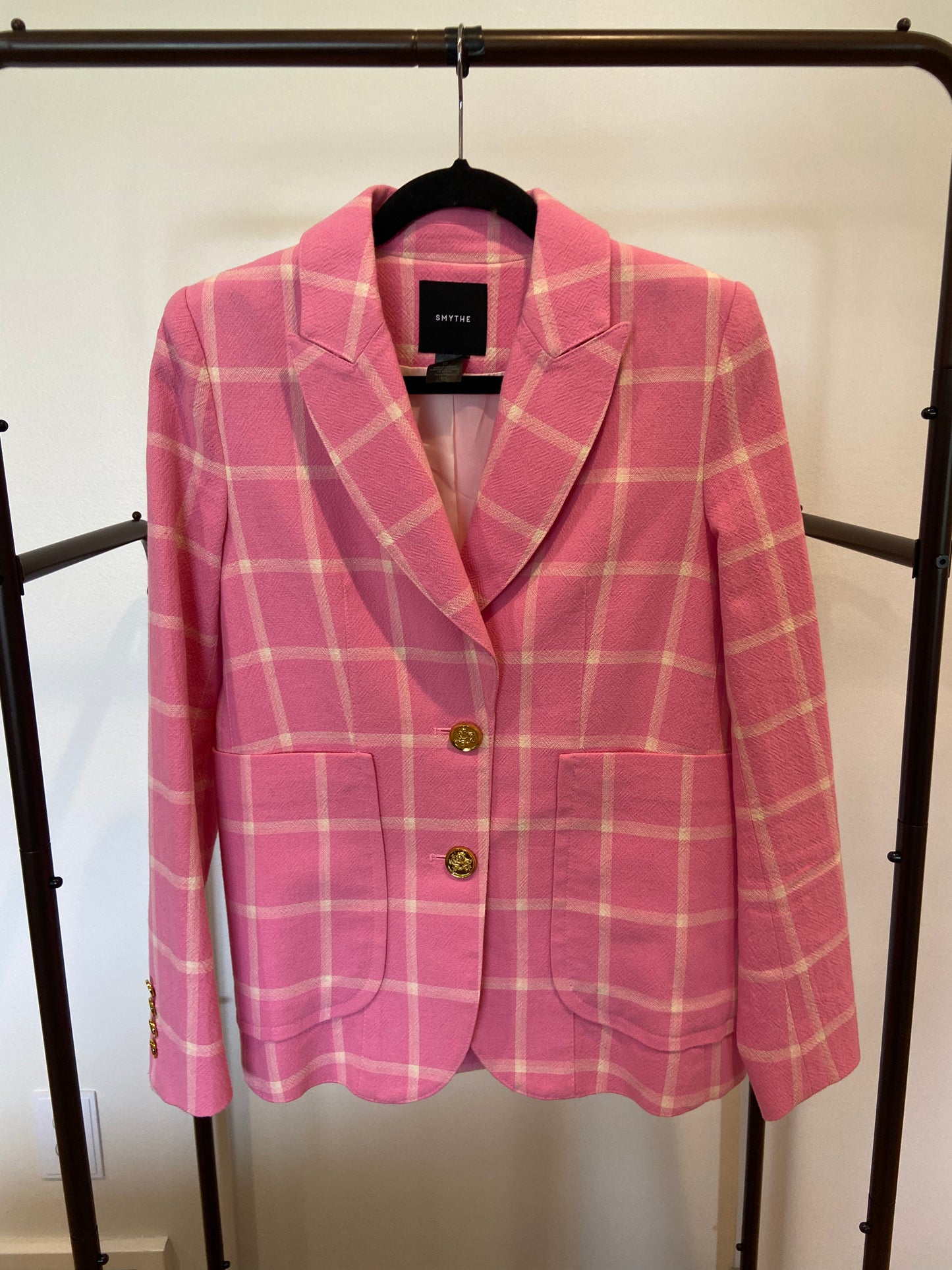 Smythe Portrait Neck Blazer in Pink Windowpane size 10