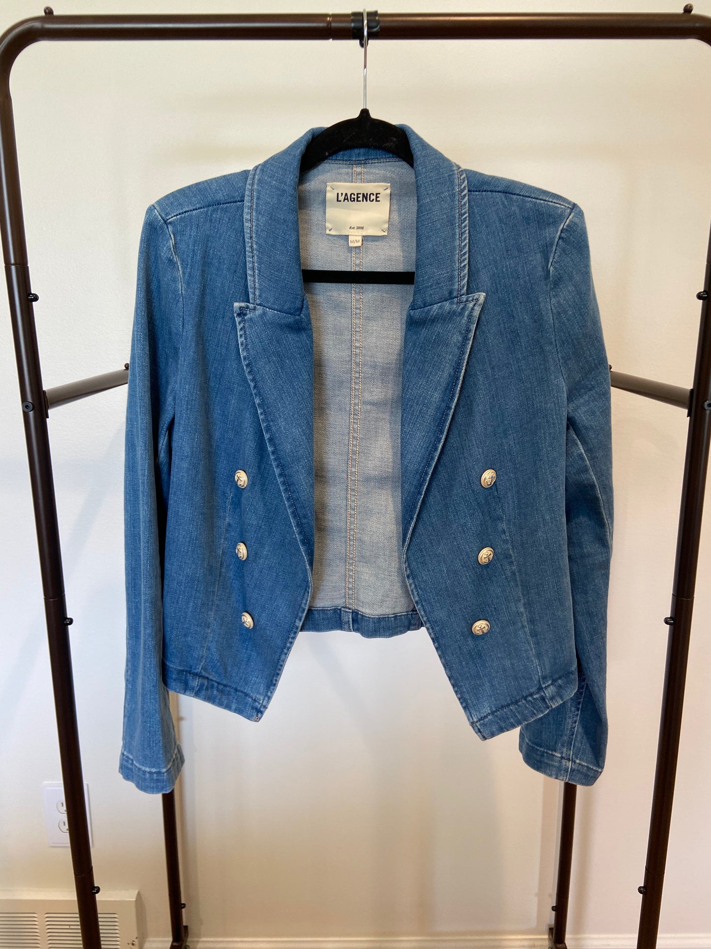 L'Agence Wayne Denim Double Breasted Cropped Blazer size M