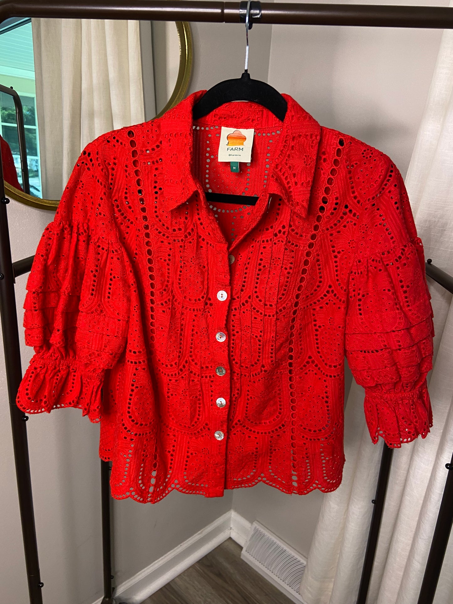 Farm Rio Red Pineapple Eyelet Blouse size M