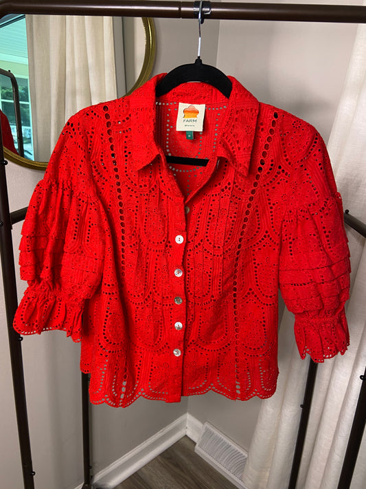 Farm Rio Red Pineapple Eyelet Blouse size M