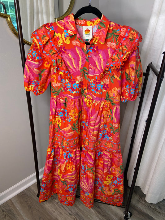 Farm Rio Red Spring Bananas Midi Dress size S