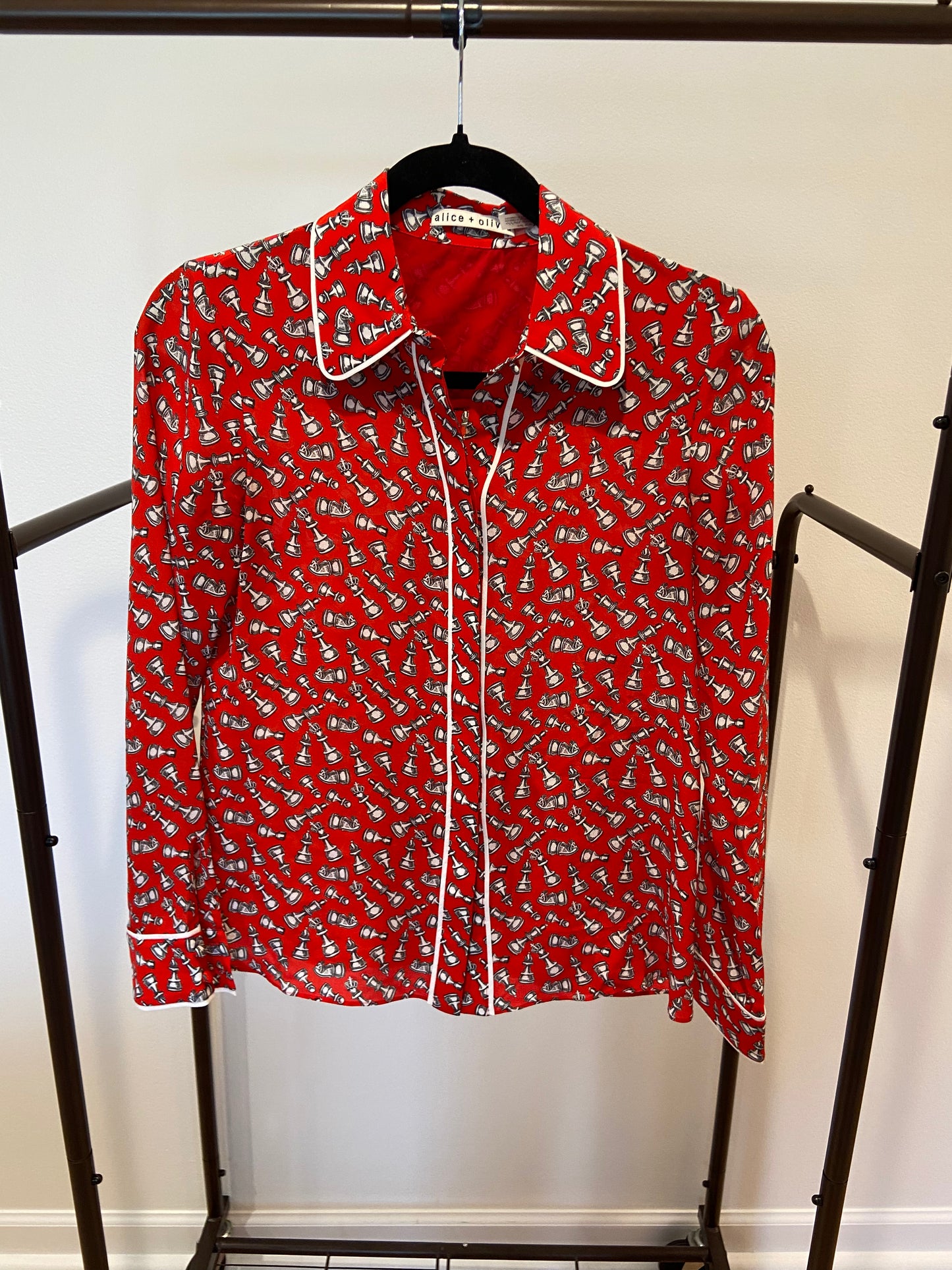 Alice + Olivia Willa Silk Blouse with Piping Chess size XS
