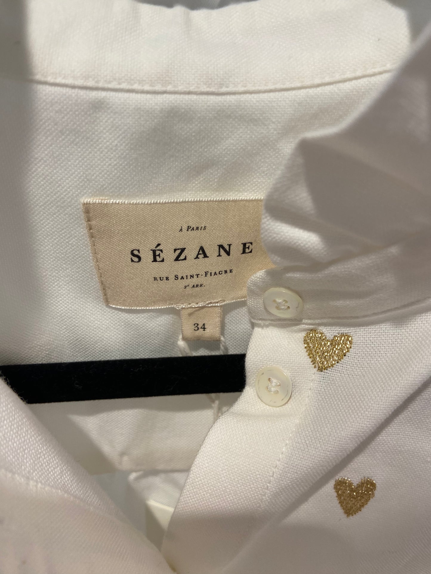 Sezane Chlo Shirt Gold Heart Embroidery size 34 US 2