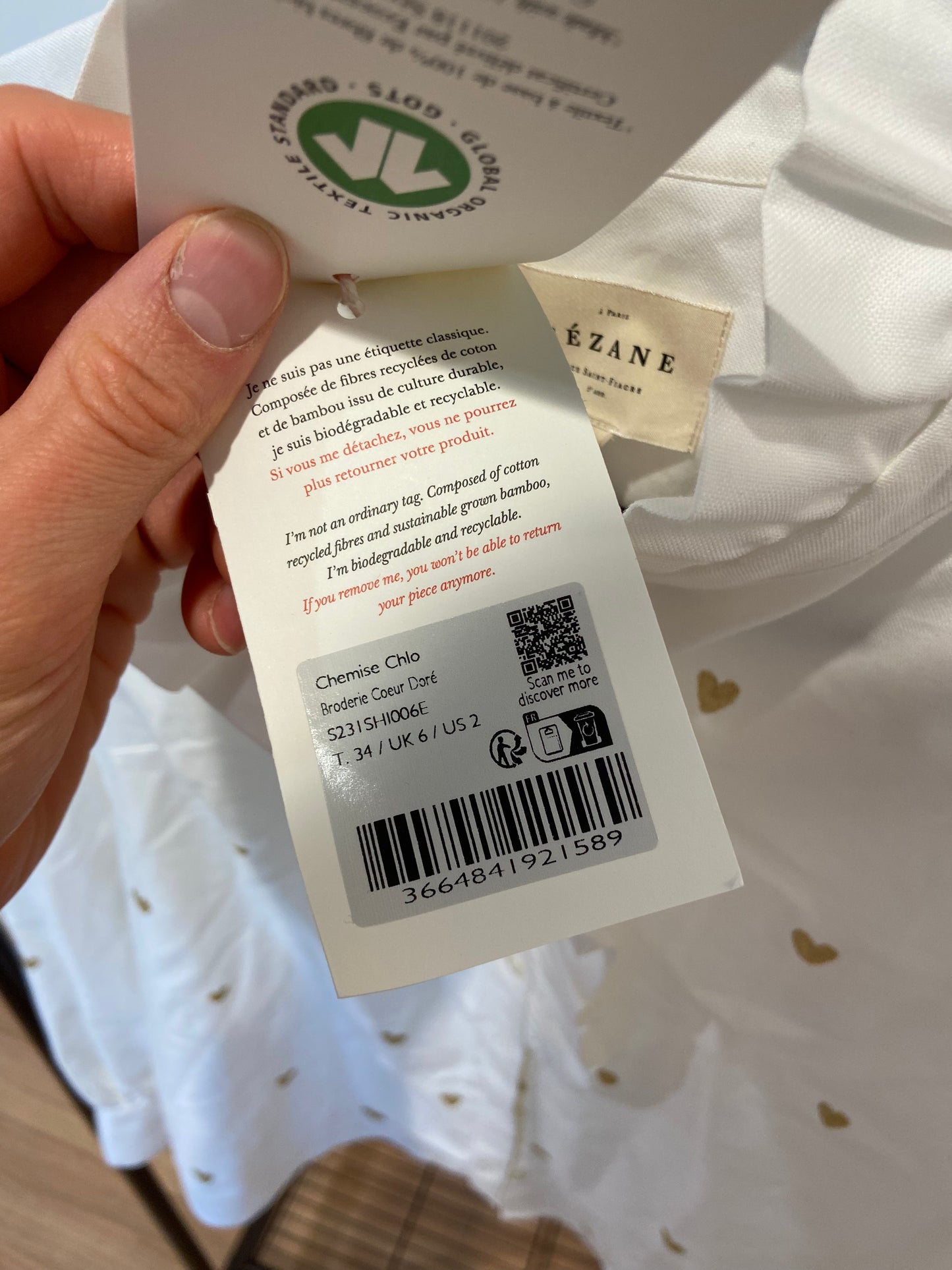 Sezane Chlo Shirt Gold Heart Embroidery size 34 US 2
