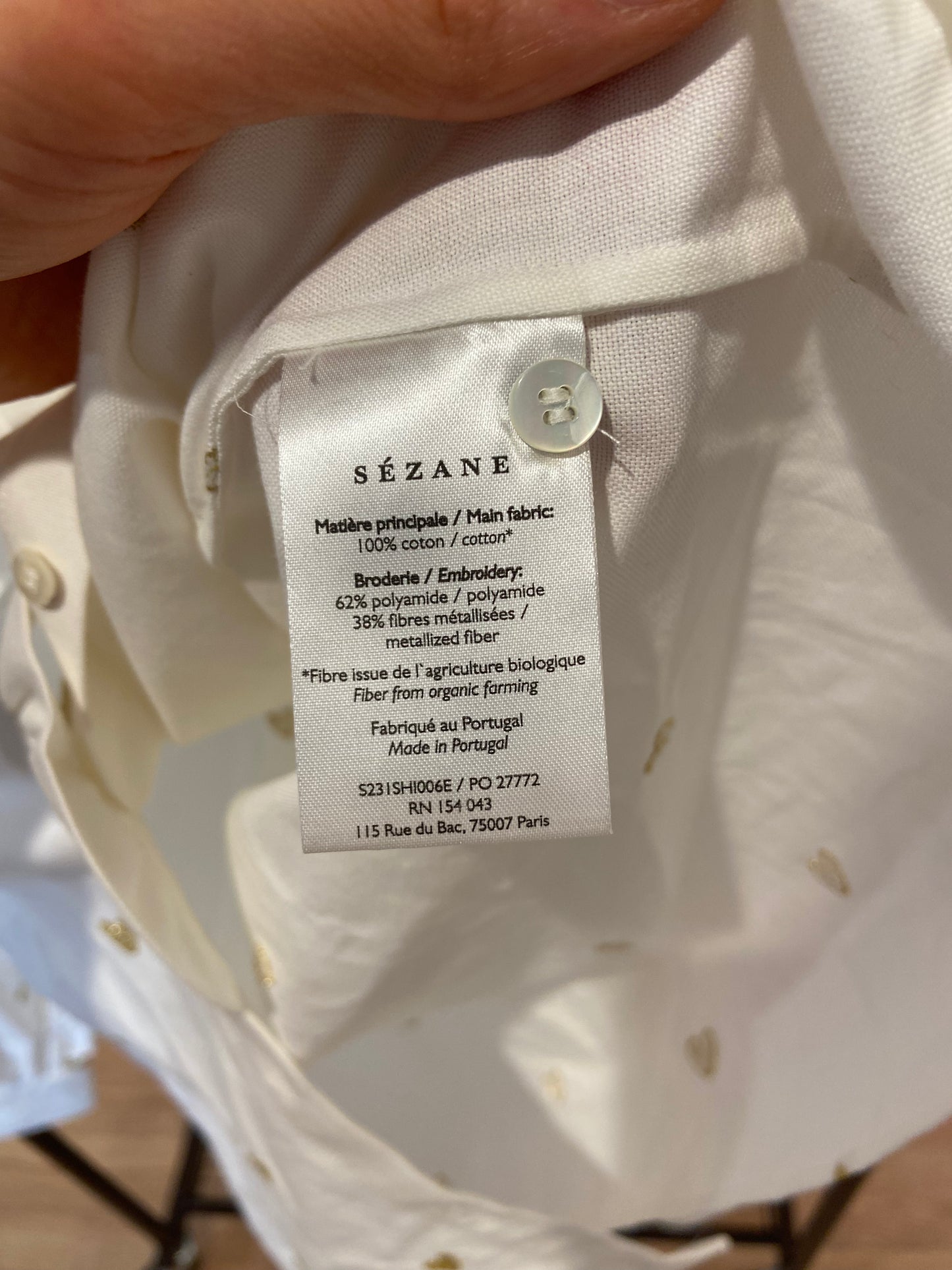 Sezane Chlo Shirt Gold Heart Embroidery size 34 US 2