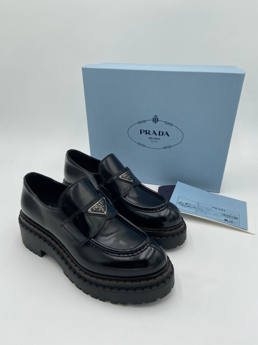 Prada Platform Triangle Black Leather Loafers size 37