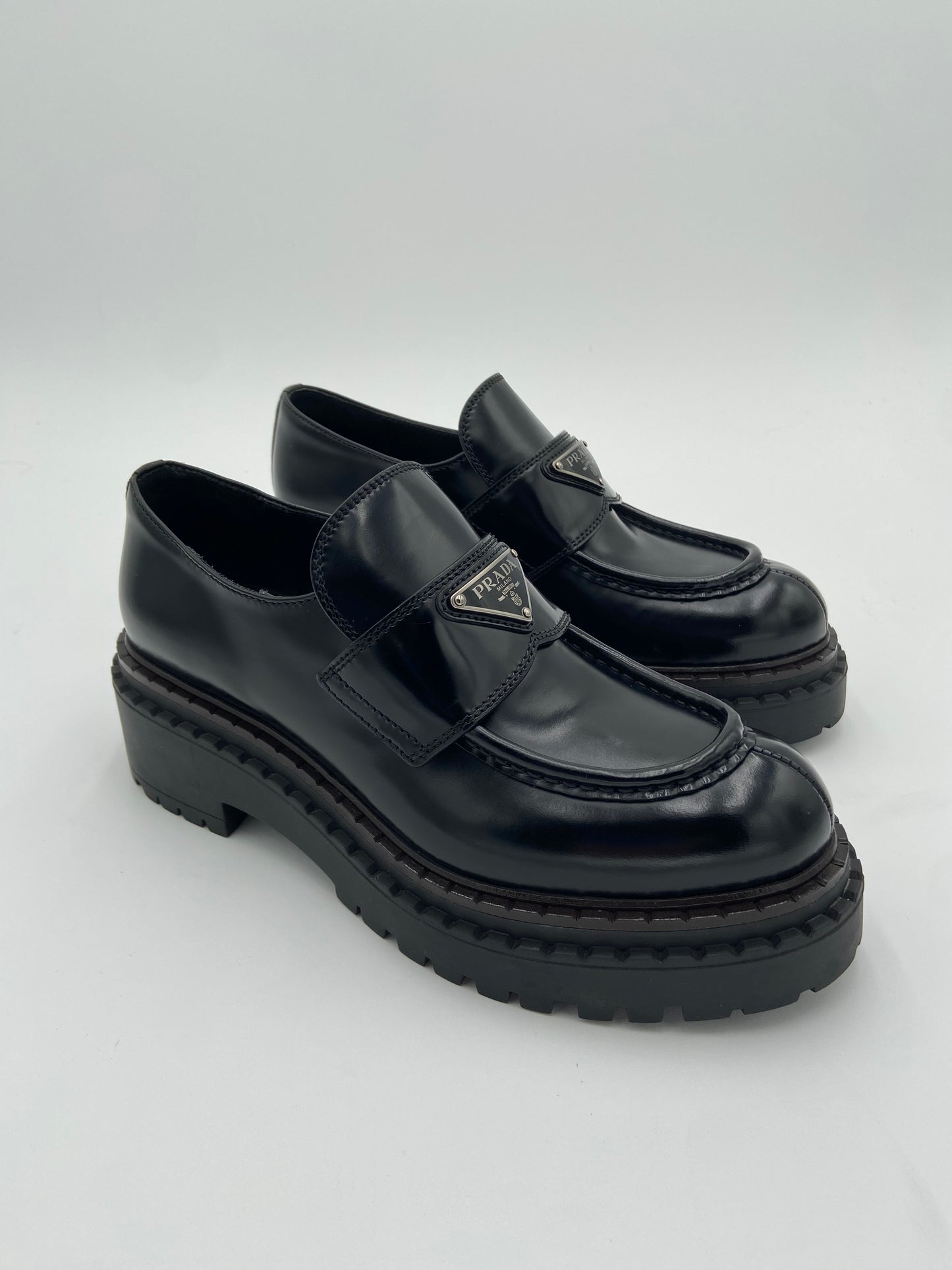 Prada Platform Triangle Black Leather Loafers size 37
