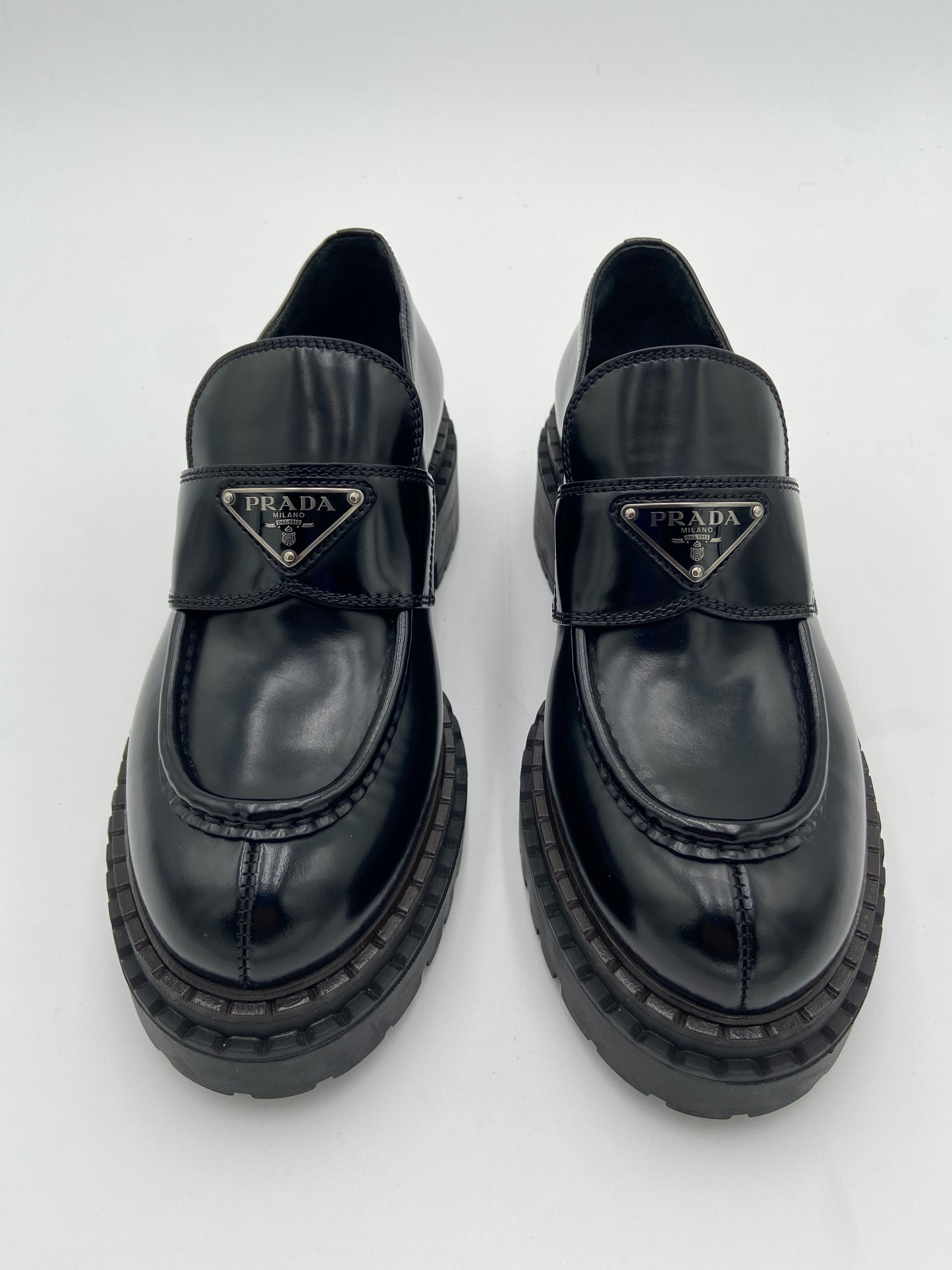 Prada Platform Triangle Black Leather Loafers size 37