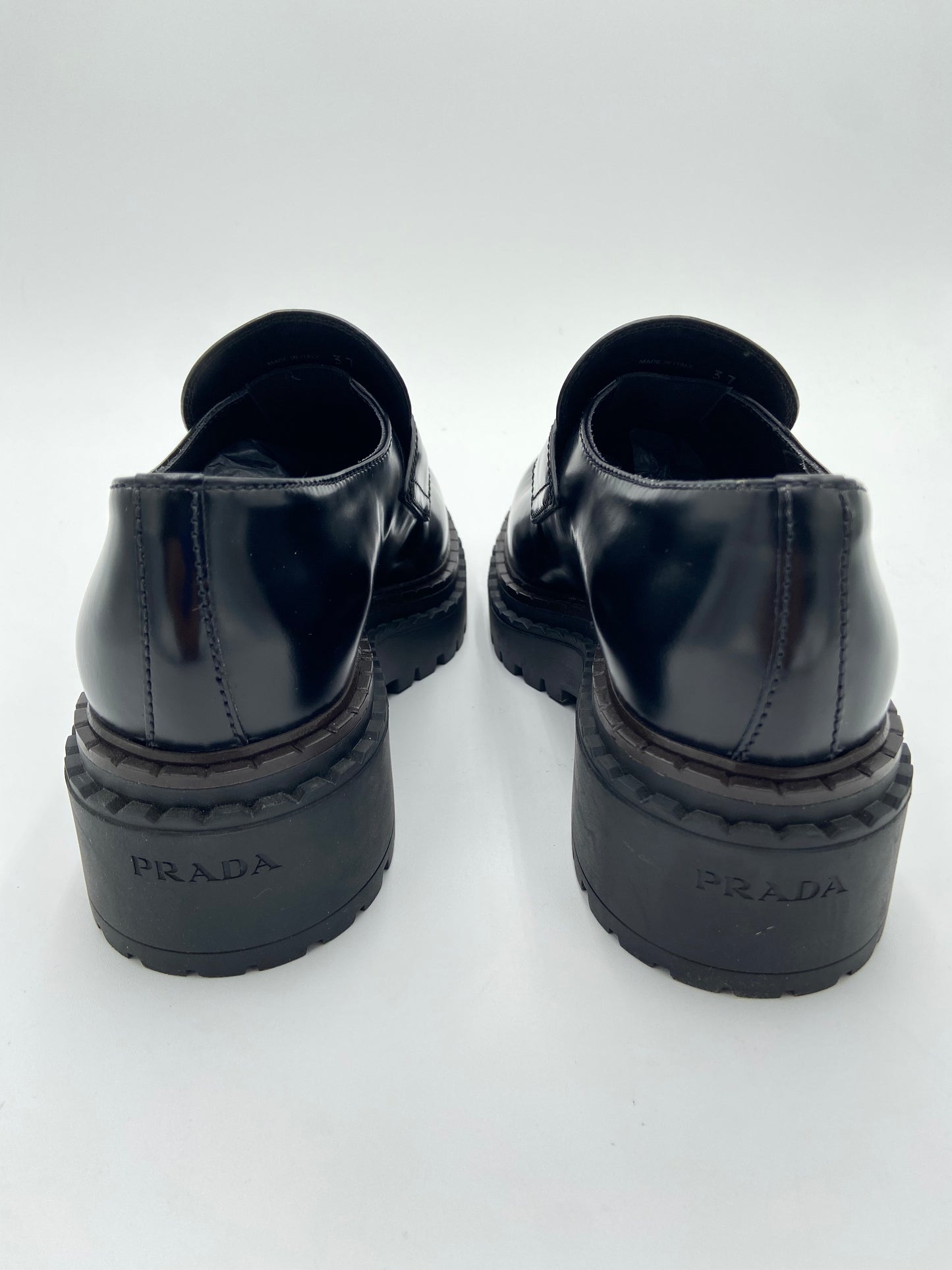 Prada Platform Triangle Black Leather Loafers size 37