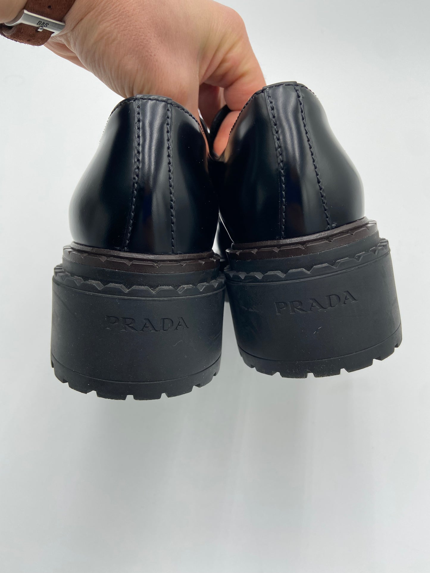 Prada Platform Triangle Black Leather Loafers size 37