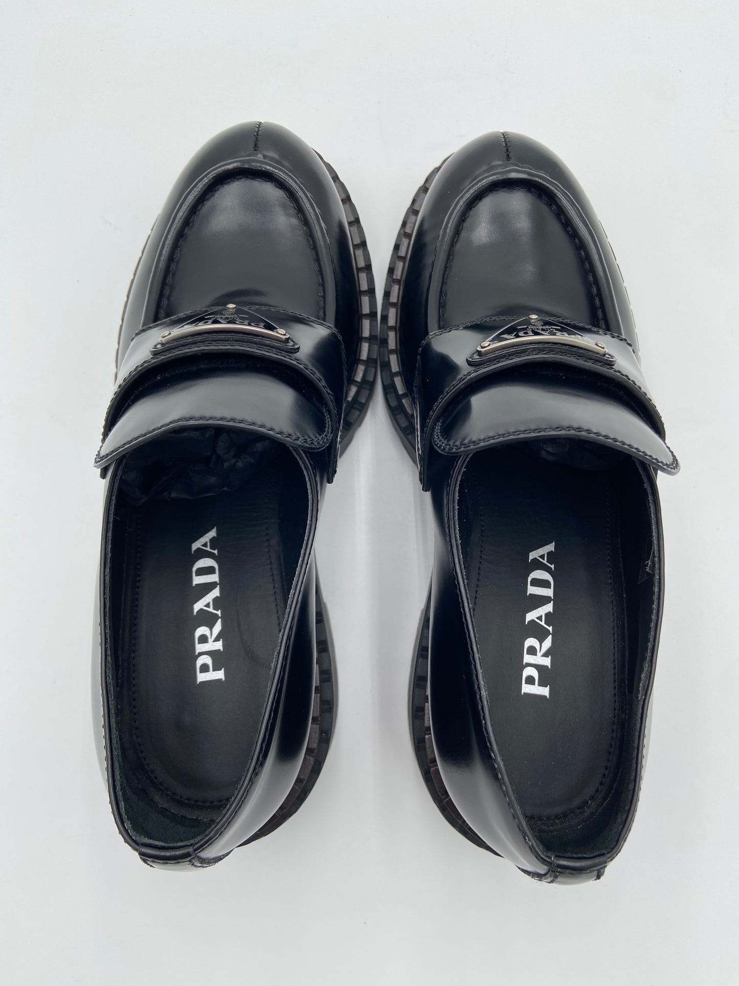 Prada Platform Triangle Black Leather Loafers size 37
