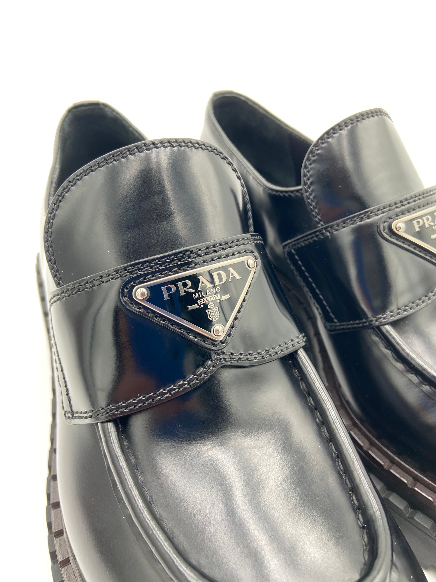 Prada Platform Triangle Black Leather Loafers size 37