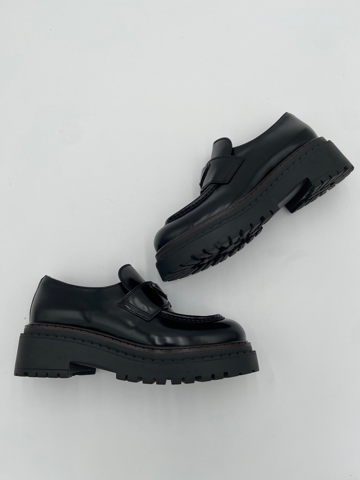 Prada Platform Triangle Black Leather Loafers size 37