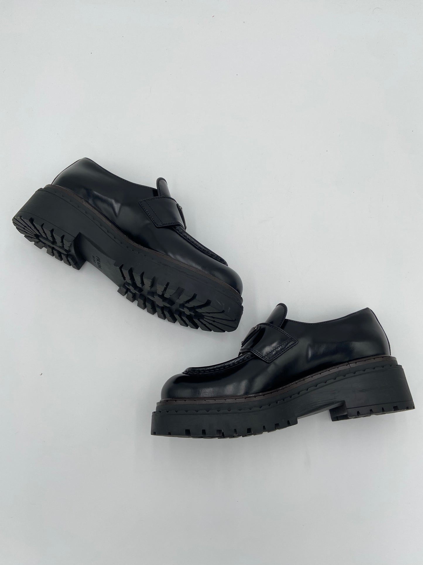 Prada Platform Triangle Black Leather Loafers size 37