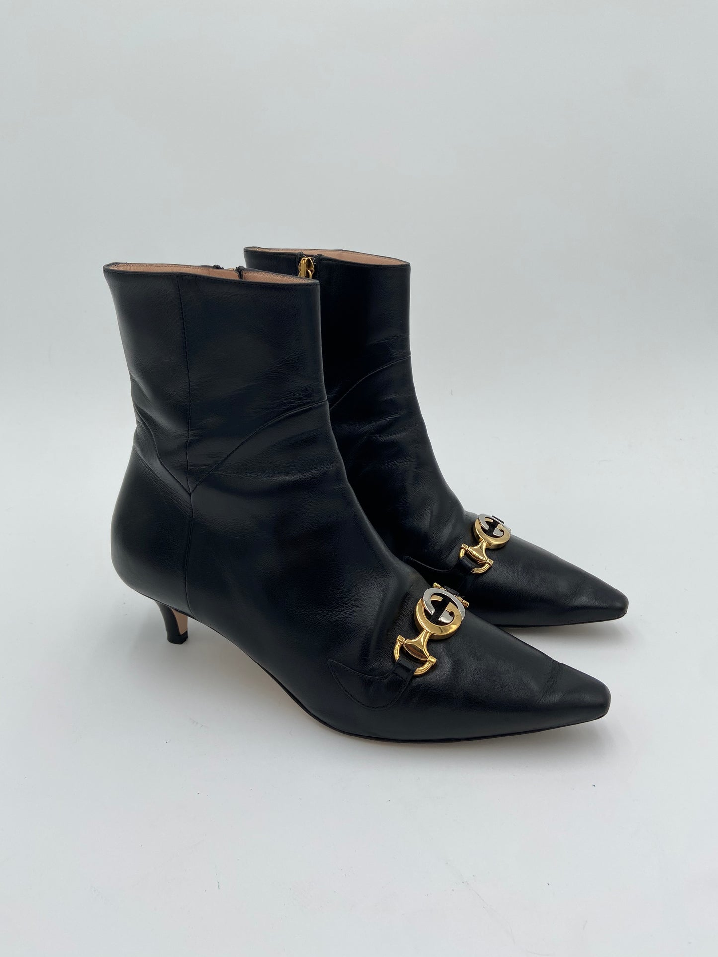 Gucci Black Leather Zumi Kitten Heel Ankle Boots size 37