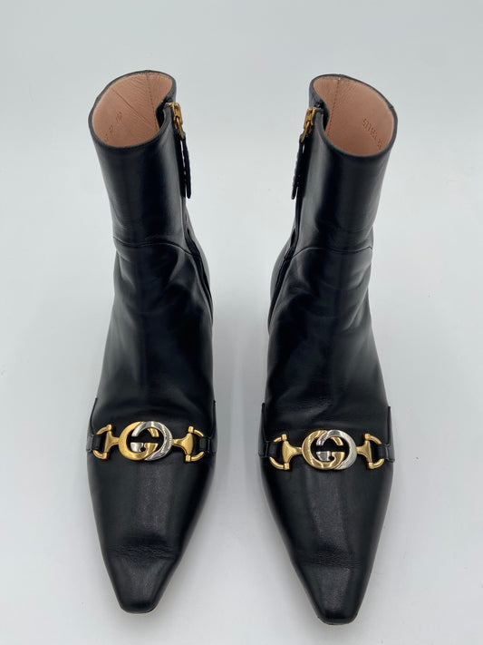 Gucci Black Leather Zumi Kitten Heel Ankle Boots size 37