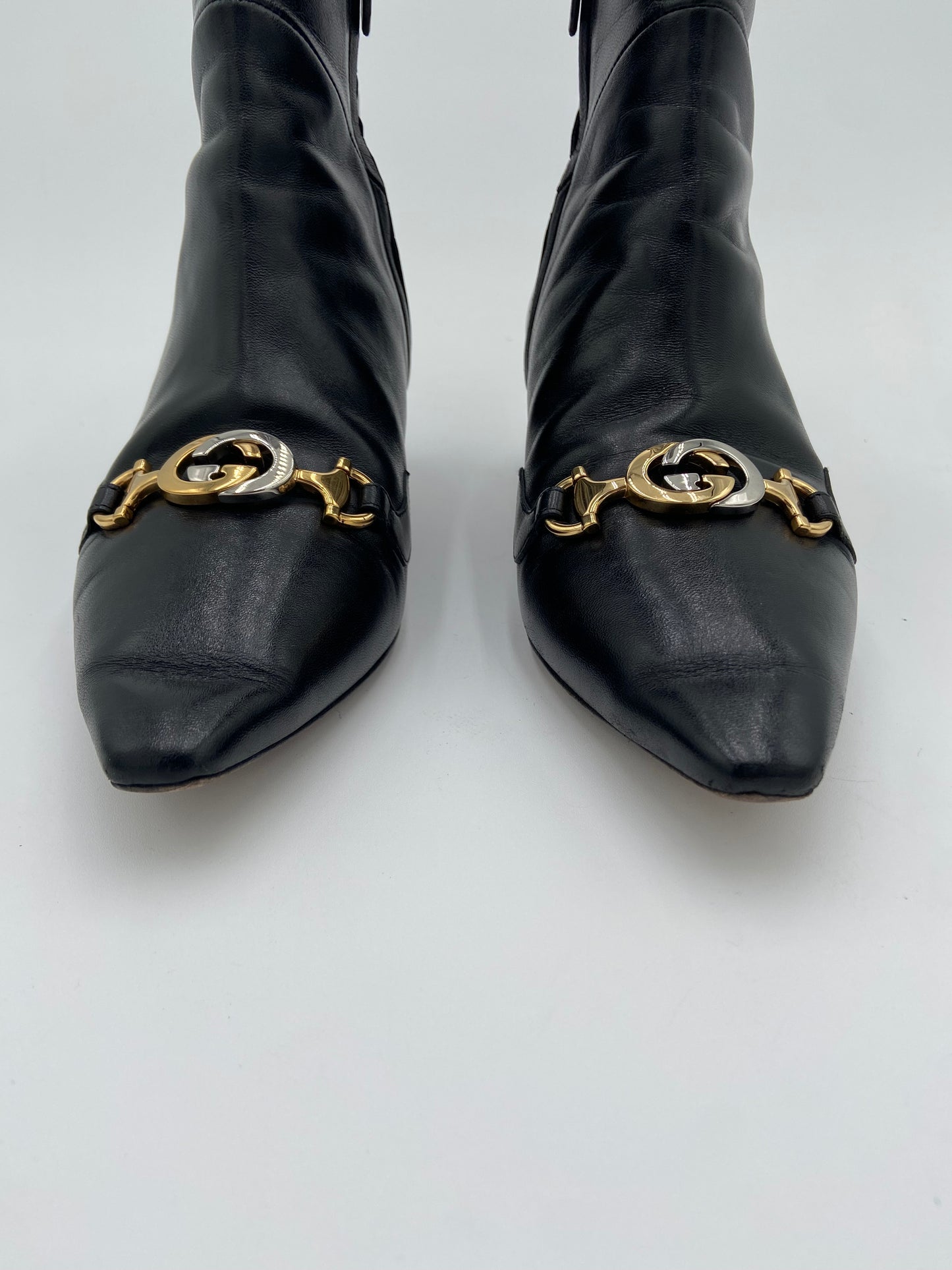 Gucci Black Leather Zumi Kitten Heel Ankle Boots size 37