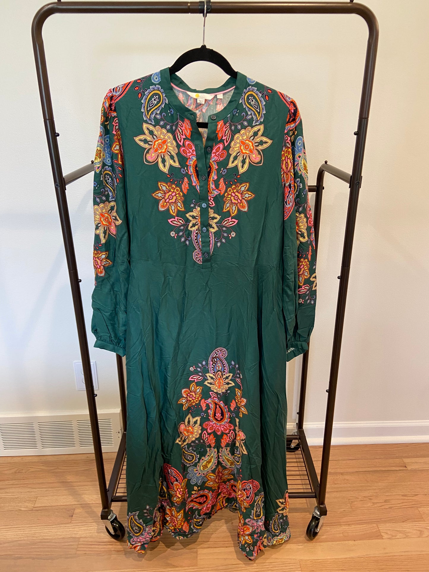 Boden Green paisley Blouson Sleeve Midi Dress size 14