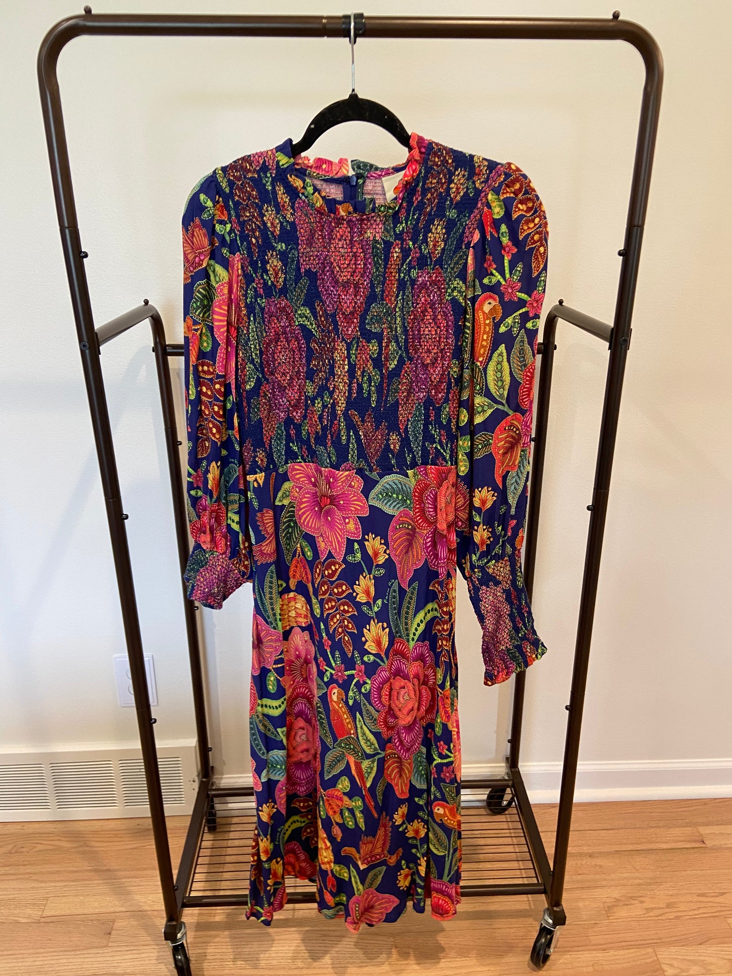 Farm Rio Macaw Bloom Floral Smocked Mock Neck Juliet Dress size M