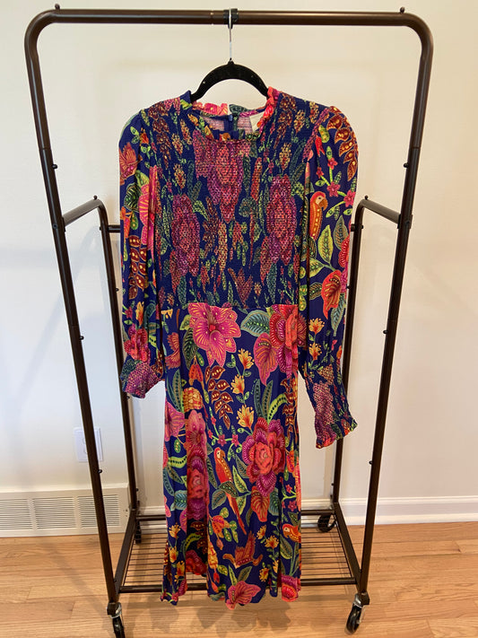 Farm Rio Macaw Bloom Floral Smocked Mock Neck Juliet Dress size M