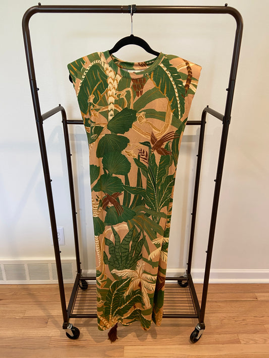 Farm Rio Tropical Isla Padded Shoulders Midi Dress size S