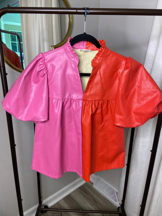 THML Pink and Red Colorblock Leather top size S