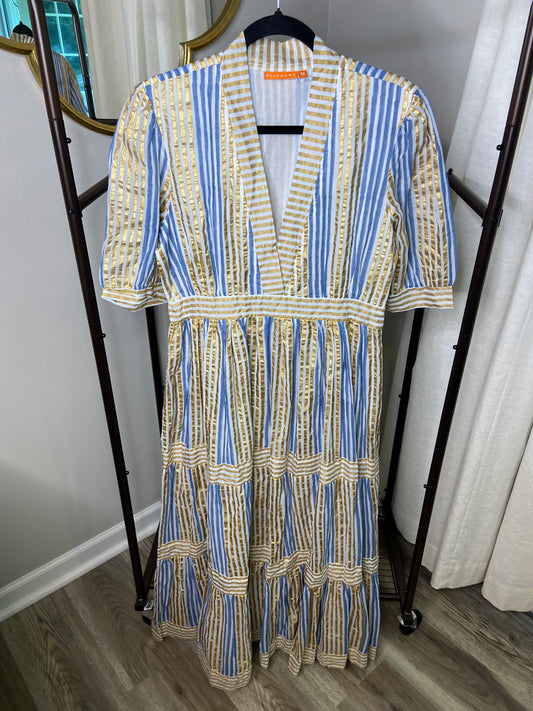 Oliphant V Neck Cuffed Maxi Dress Blue Gold size M