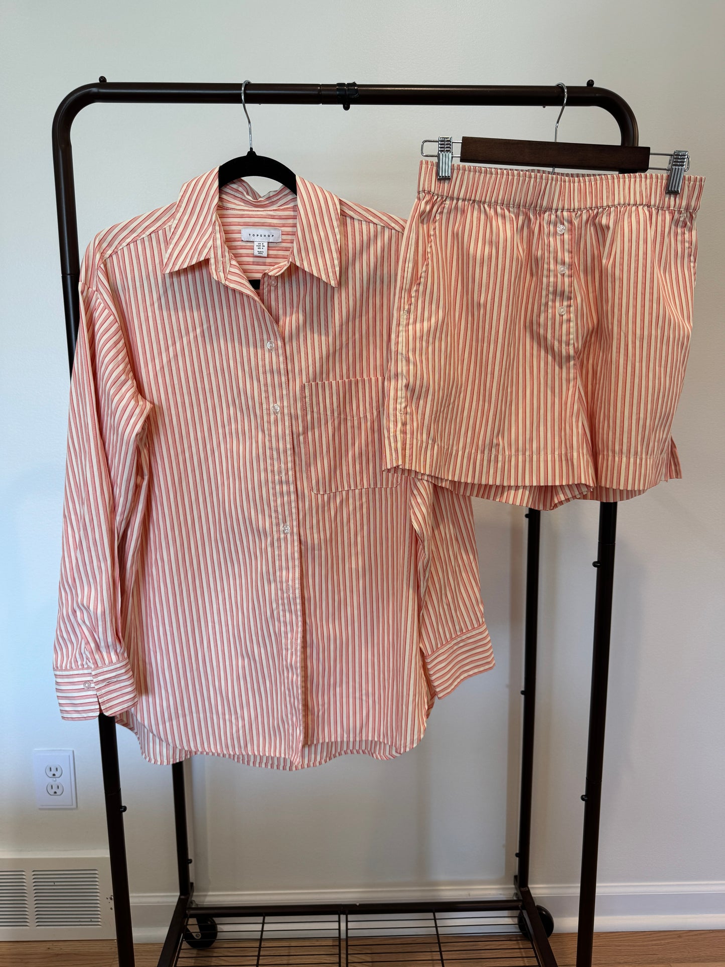 Topshop Co-Ord Stripe Print Button Down Shirt and Shorts in Peach/Pink size S