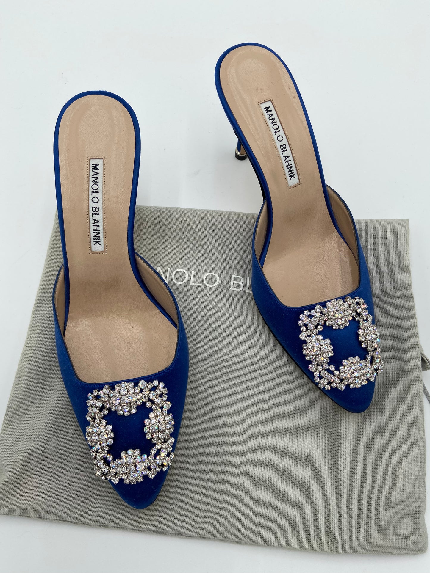 Manolo Blahnik Blue Satin Jewel Buckle Mules size 38