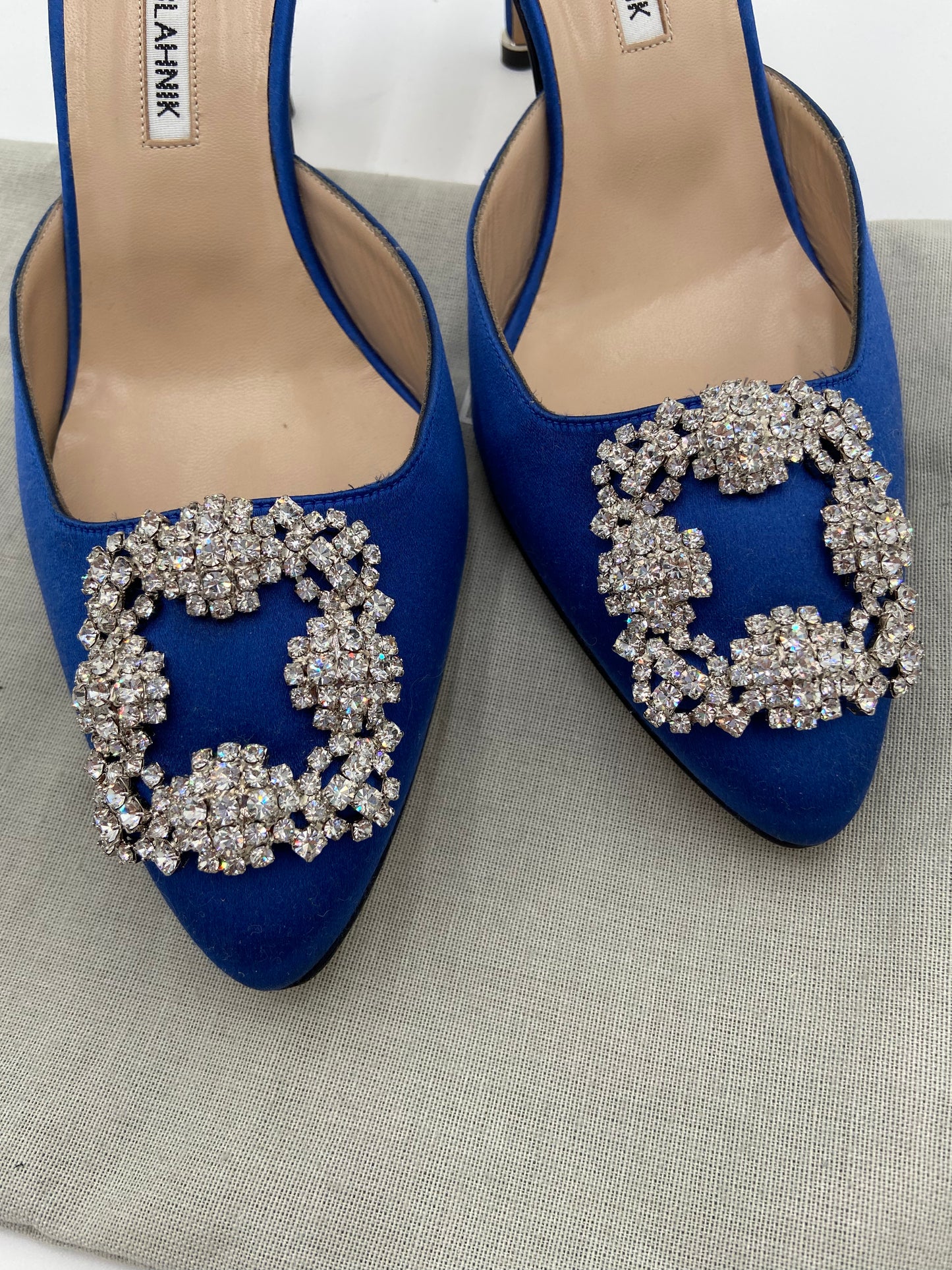 Manolo Blahnik Blue Satin Jewel Buckle Mules size 38