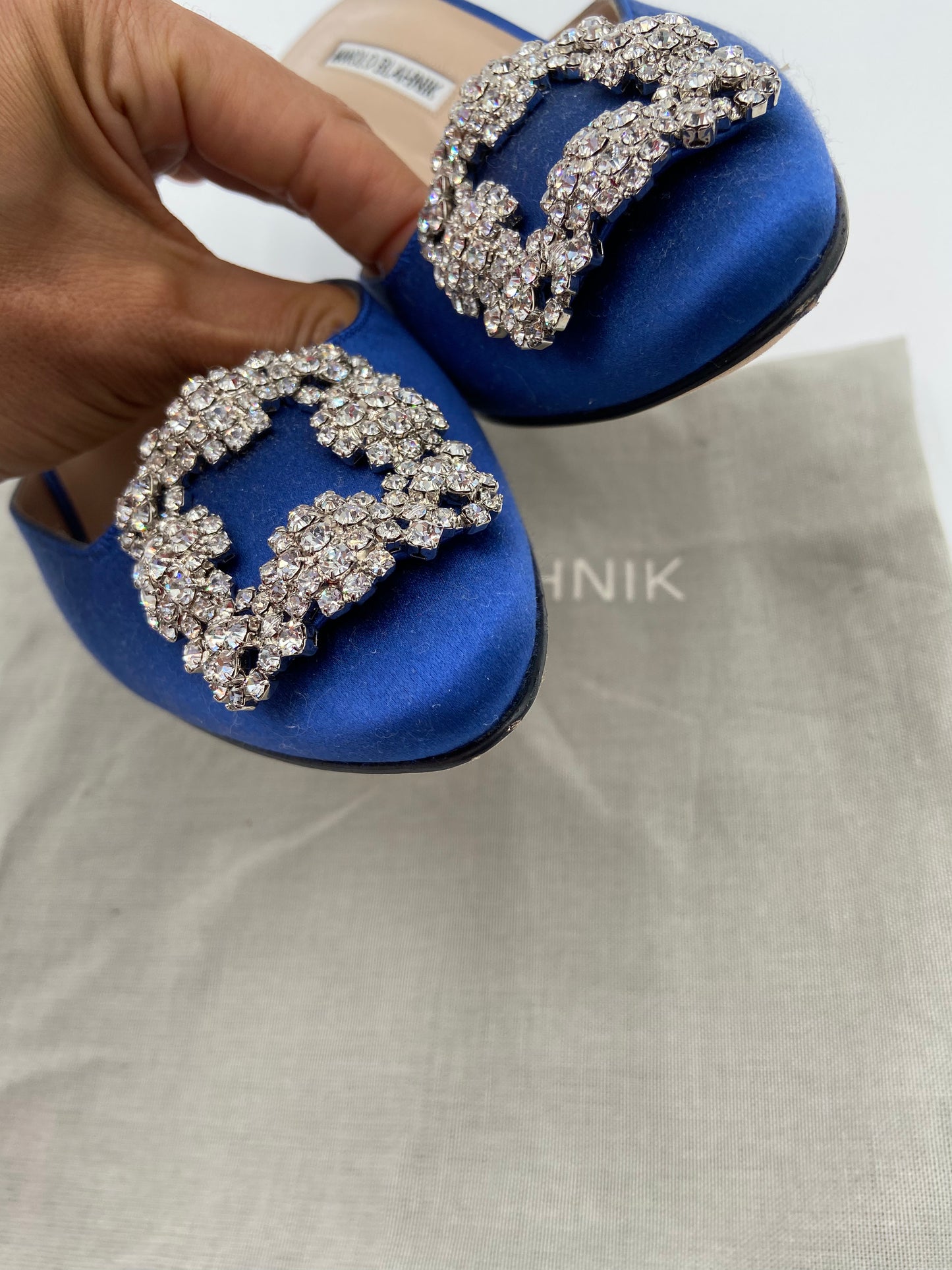 Manolo Blahnik Blue Satin Jewel Buckle Mules size 38