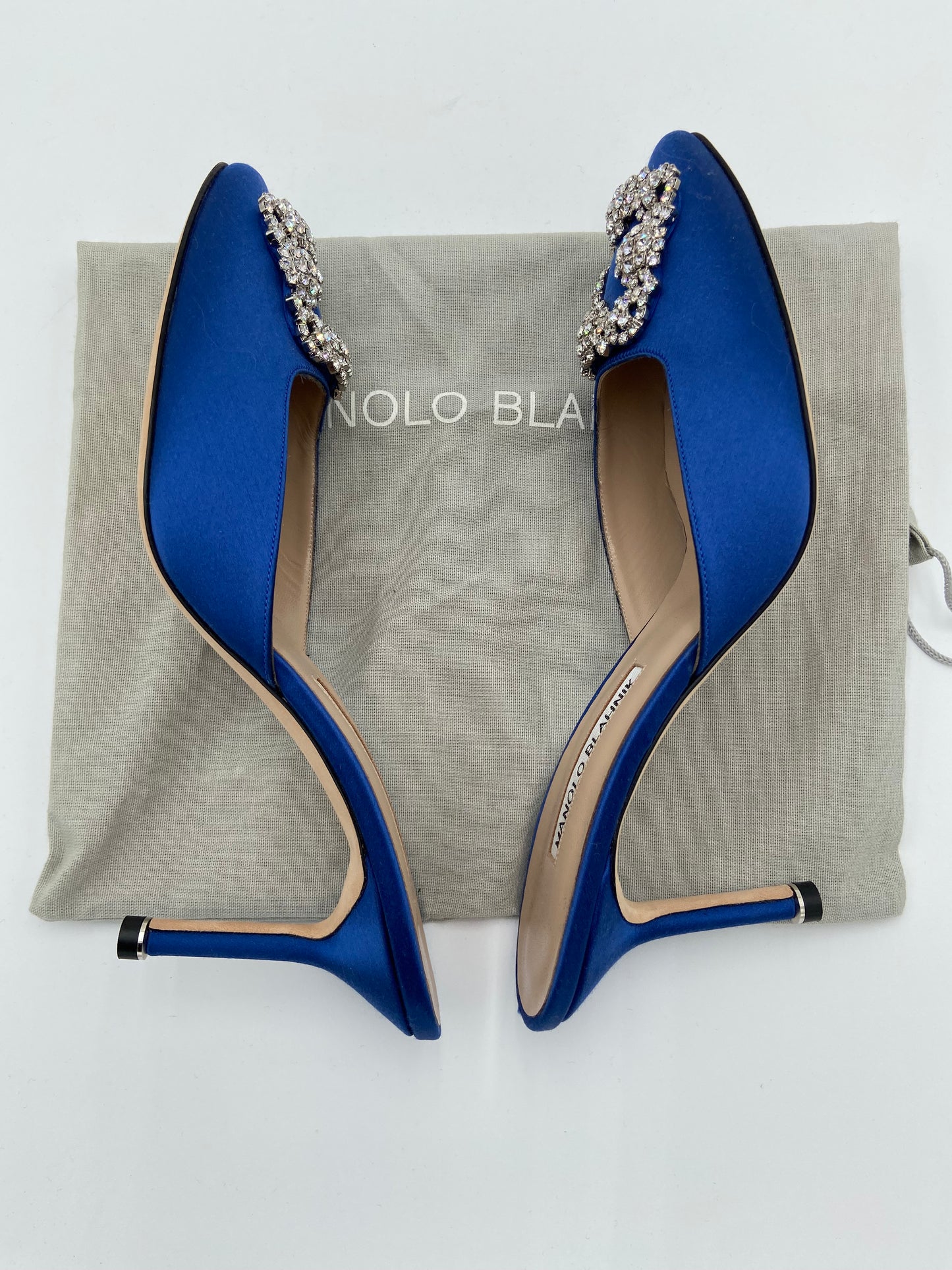 Manolo Blahnik Blue Satin Jewel Buckle Mules size 38