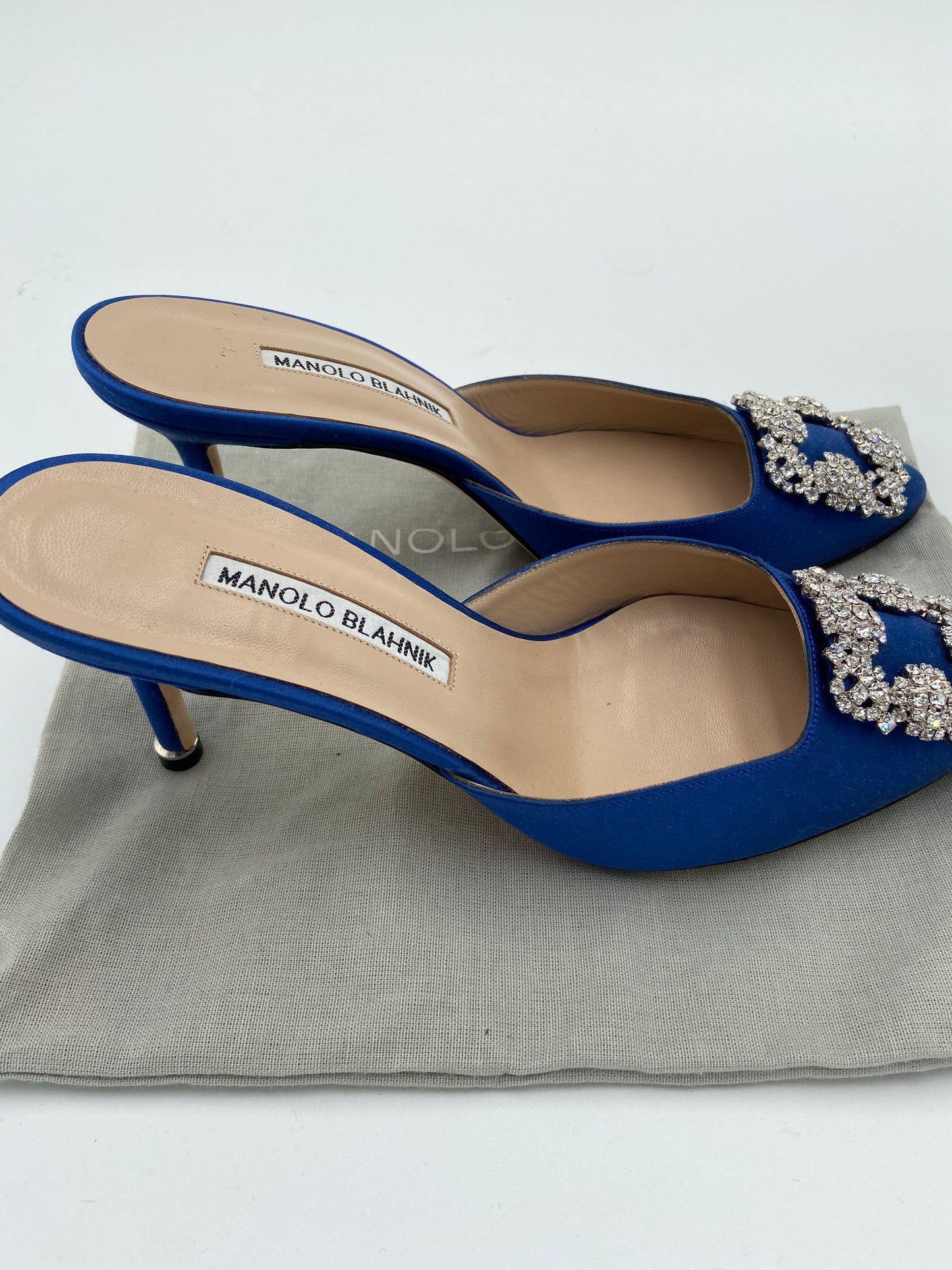 Manolo Blahnik Blue Satin Jewel Buckle Mules size 38