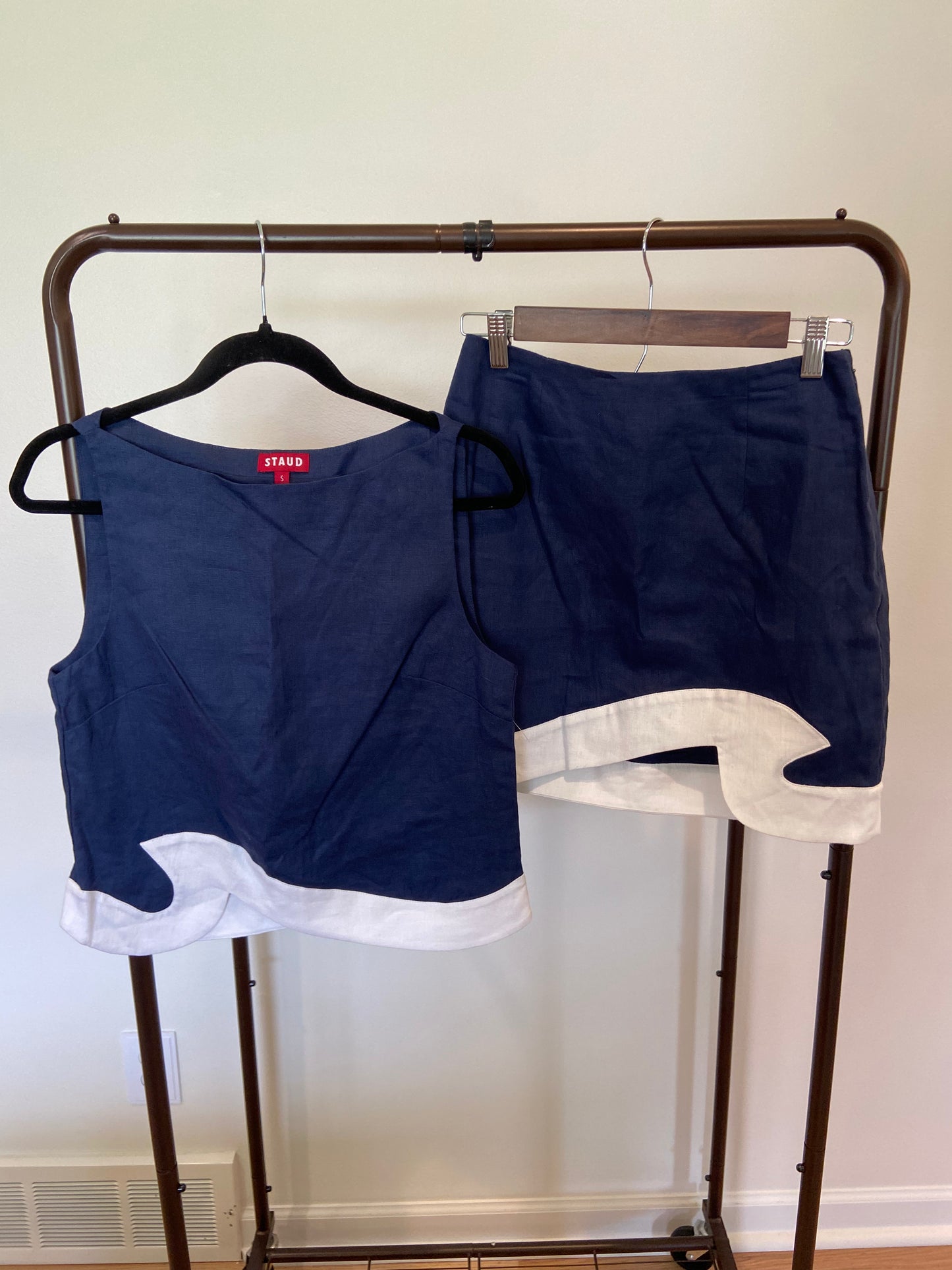 Staud Navy & White Linen Wave Raphael Top & Leandro Mini Skirt Set size 2/S