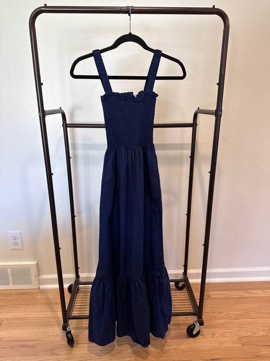 Hill House Anjuli Smocked Maxi Dress Navy Cotton size XXS