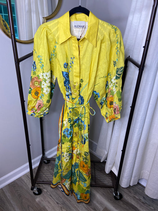 Alemais Floral Puff Sleeve Linen Midi Dress size 2