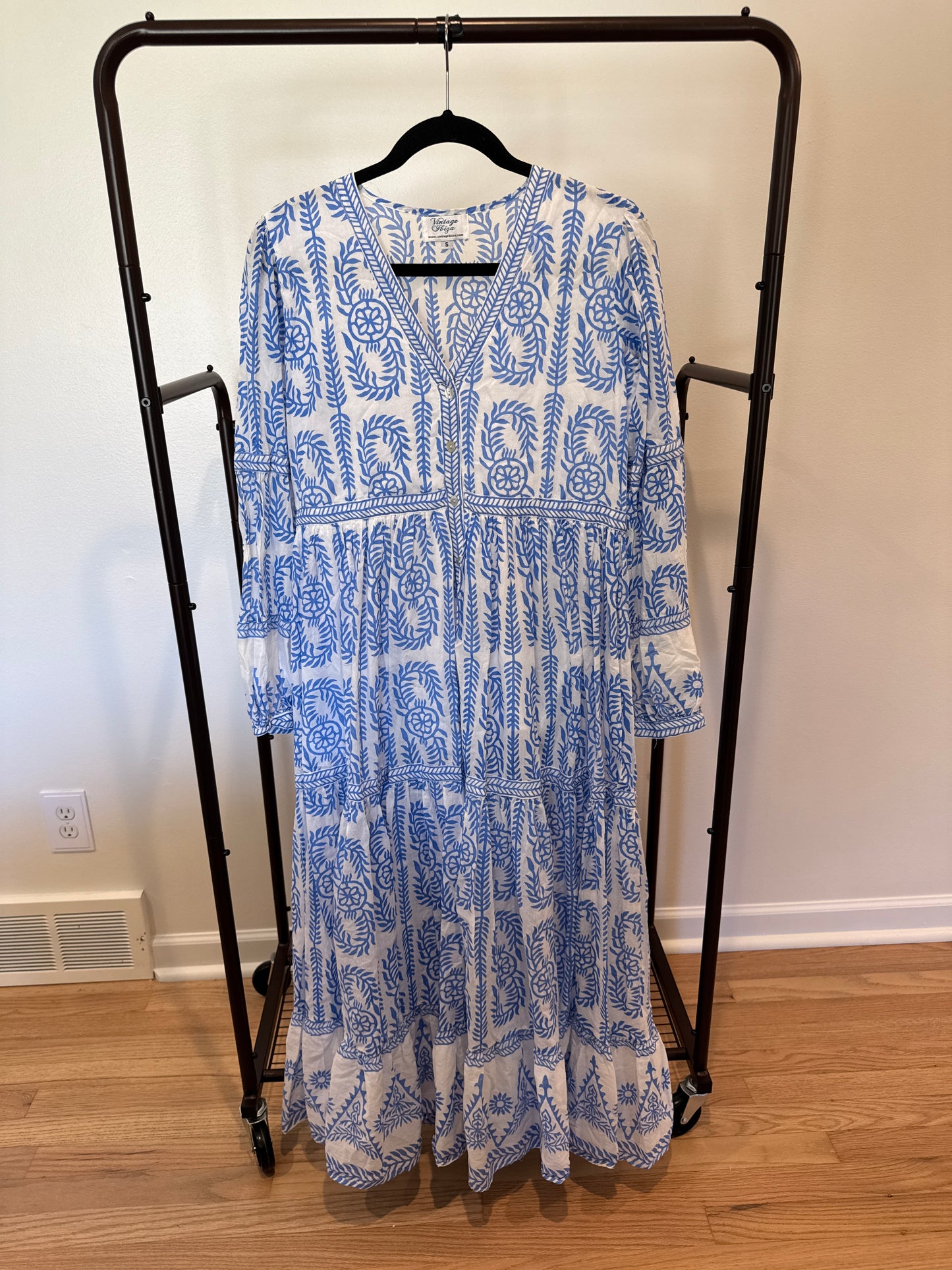 Vintage Ibiza Bohemian Stamped Floral Cotton Midi Dress size S