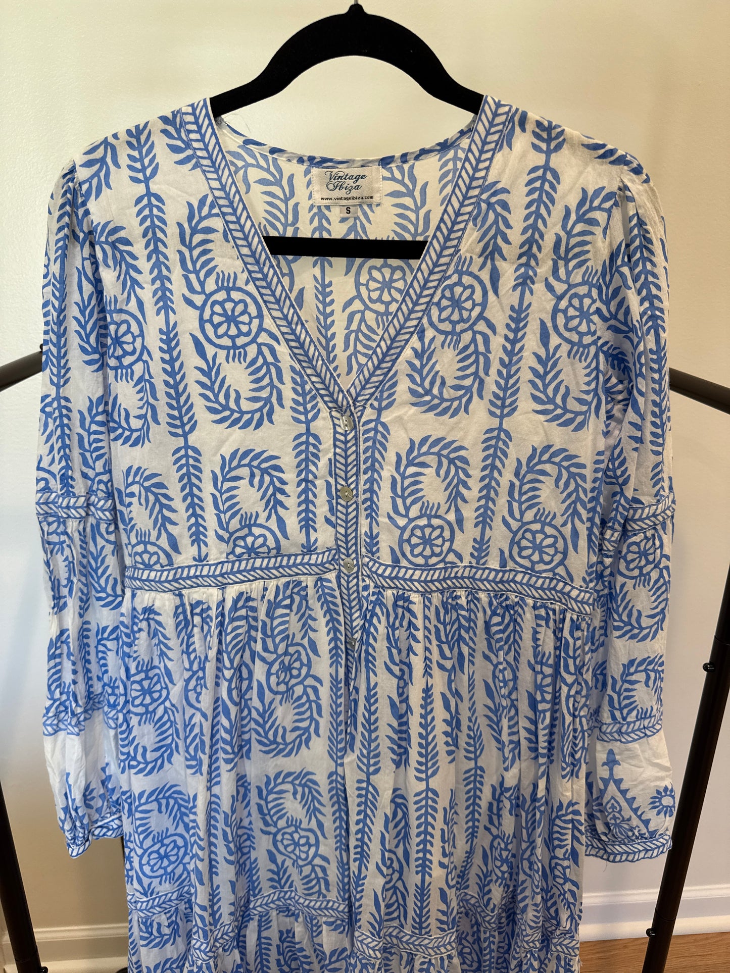 Vintage Ibiza Bohemian Stamped Floral Cotton Midi Dress size S