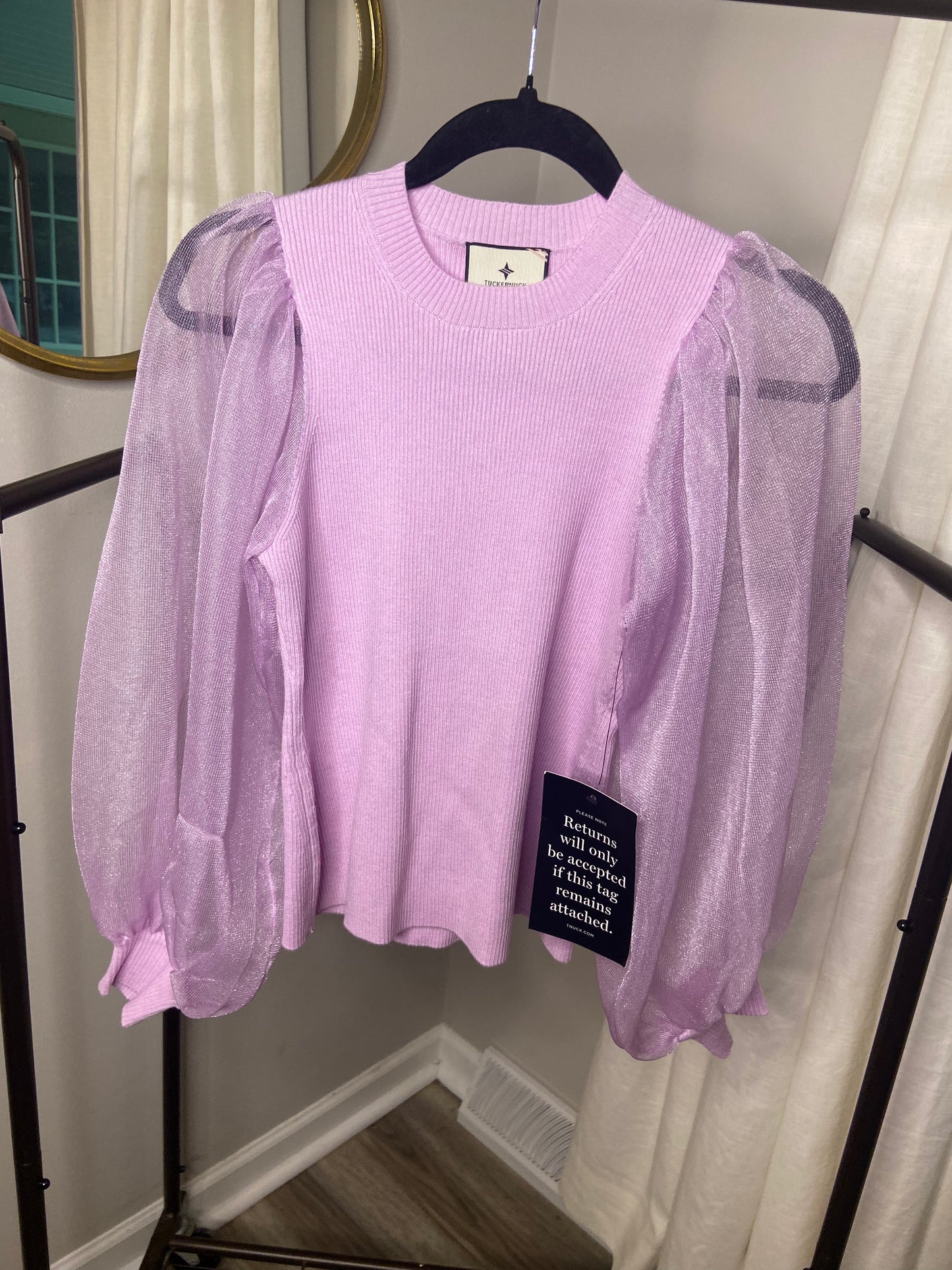 Tuckernuck Lilac Knit Betsy Blouse Sheer Balloon Sleeve Top size M